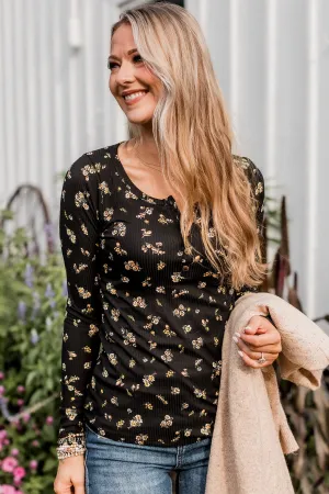 Call Me Lovely Floral Henley Top- Black