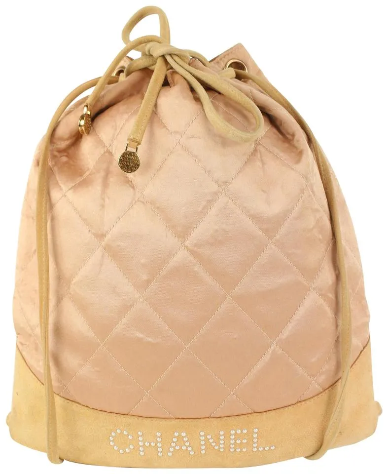 Chanel Pink Quilted Satin Crystal Logo Drawstring Backpack 830cas21