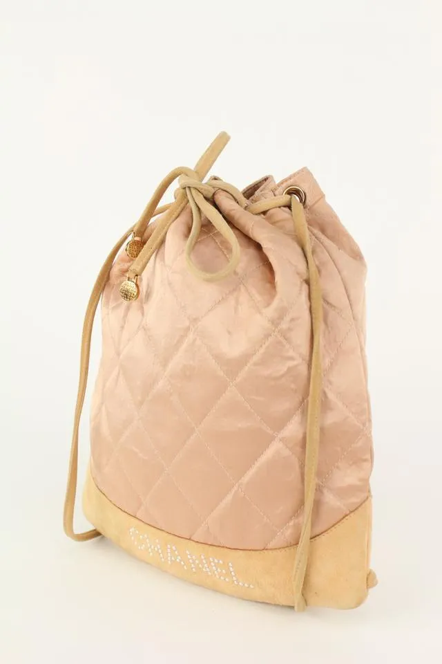 Chanel Pink Quilted Satin Crystal Logo Drawstring Backpack 830cas21