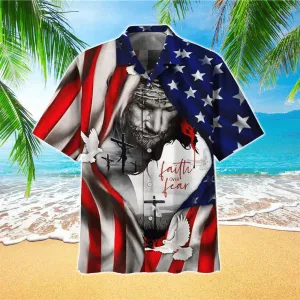 Christianartbag Hawaiian Shirt, American Flag Faith Over Fear Jesus Hawaiian Shirt, Christian Hawaiian Shirts For Men & Women.