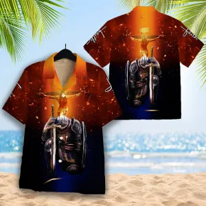 Christianartbag Hawaiian Shirt, Kneeling Knight Faith Jesus Cross Hawaiian ShirtS, Christian Hawaiian Shirts For Men & Women.