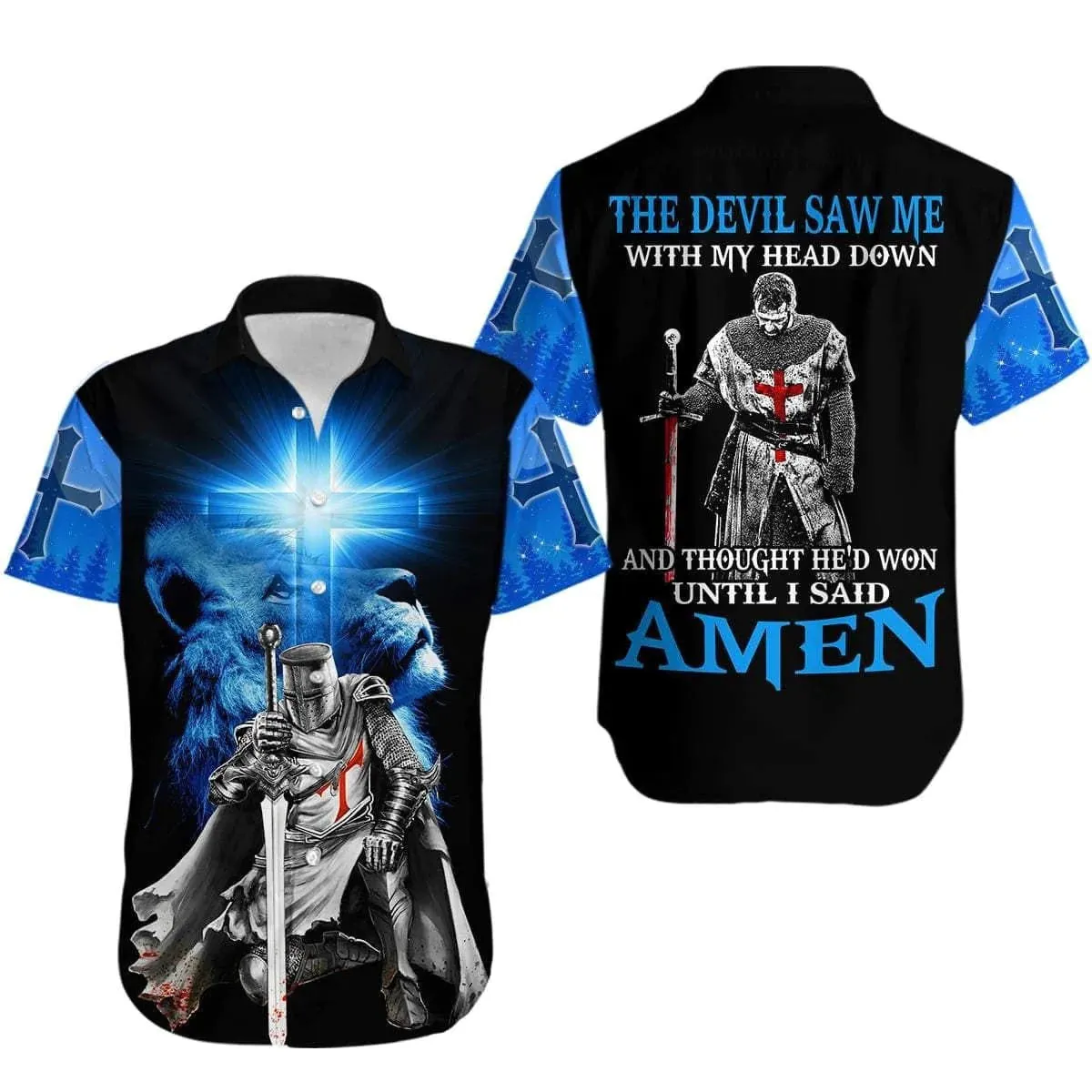 Christianartbag Hawaiian Shirt, The Devil Saw Me With My Head Down Knight Jesus Lion King Hawaiian Shirts, Christian Hawaiian Shirts For Men & Women.