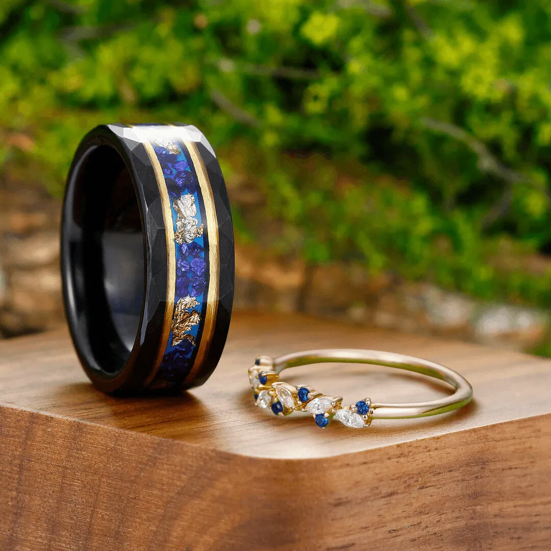 Classic Sapphire Leaf Anniversary Couple Rings His and Hers Wedding Bands Matching Tungsten Promise Bands
