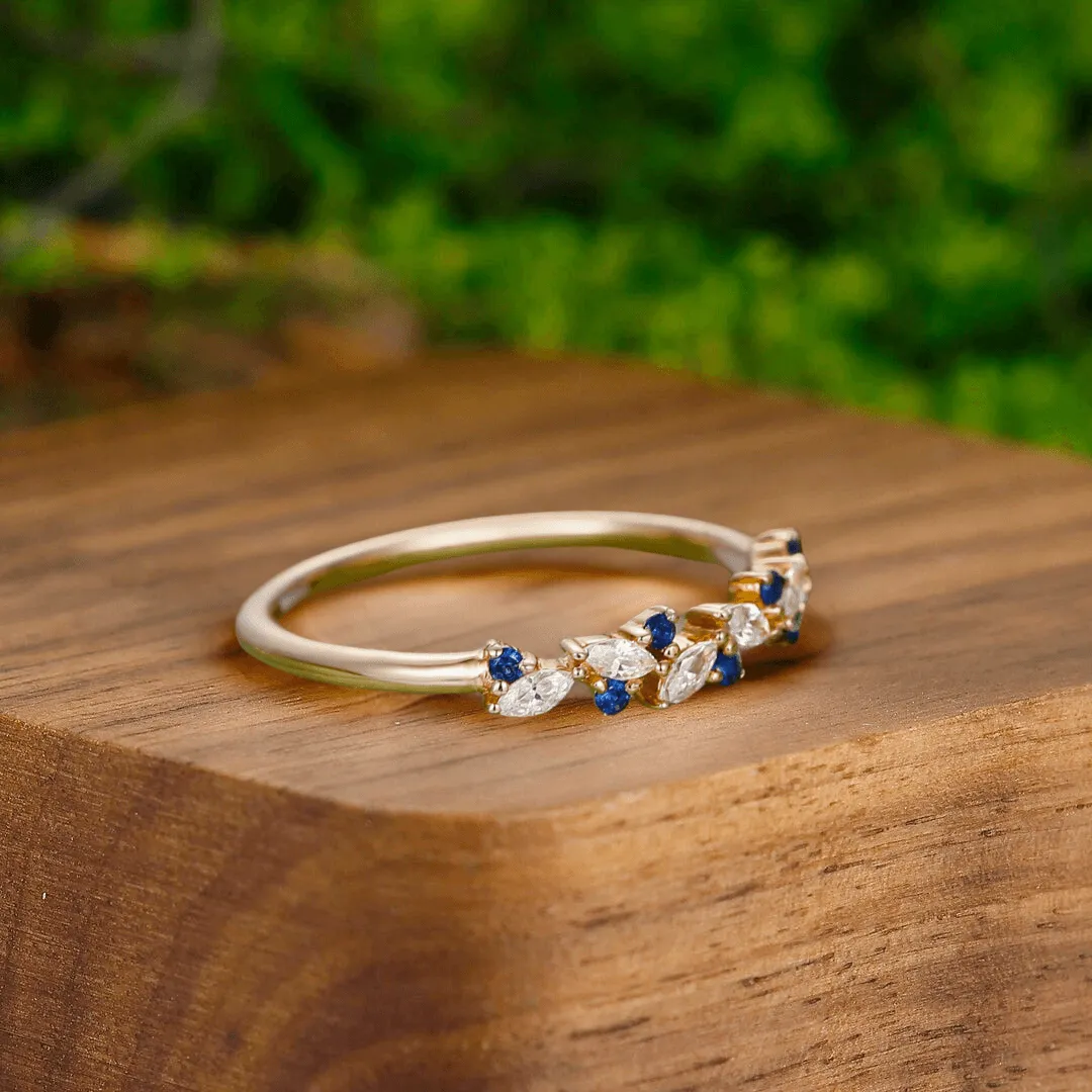 Classic Sapphire Leaf Anniversary Couple Rings His and Hers Wedding Bands Matching Tungsten Promise Bands