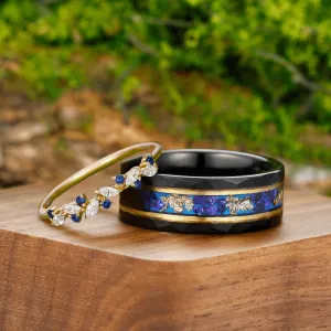 Classic Sapphire Leaf Anniversary Couple Rings His and Hers Wedding Bands Matching Tungsten Promise Bands