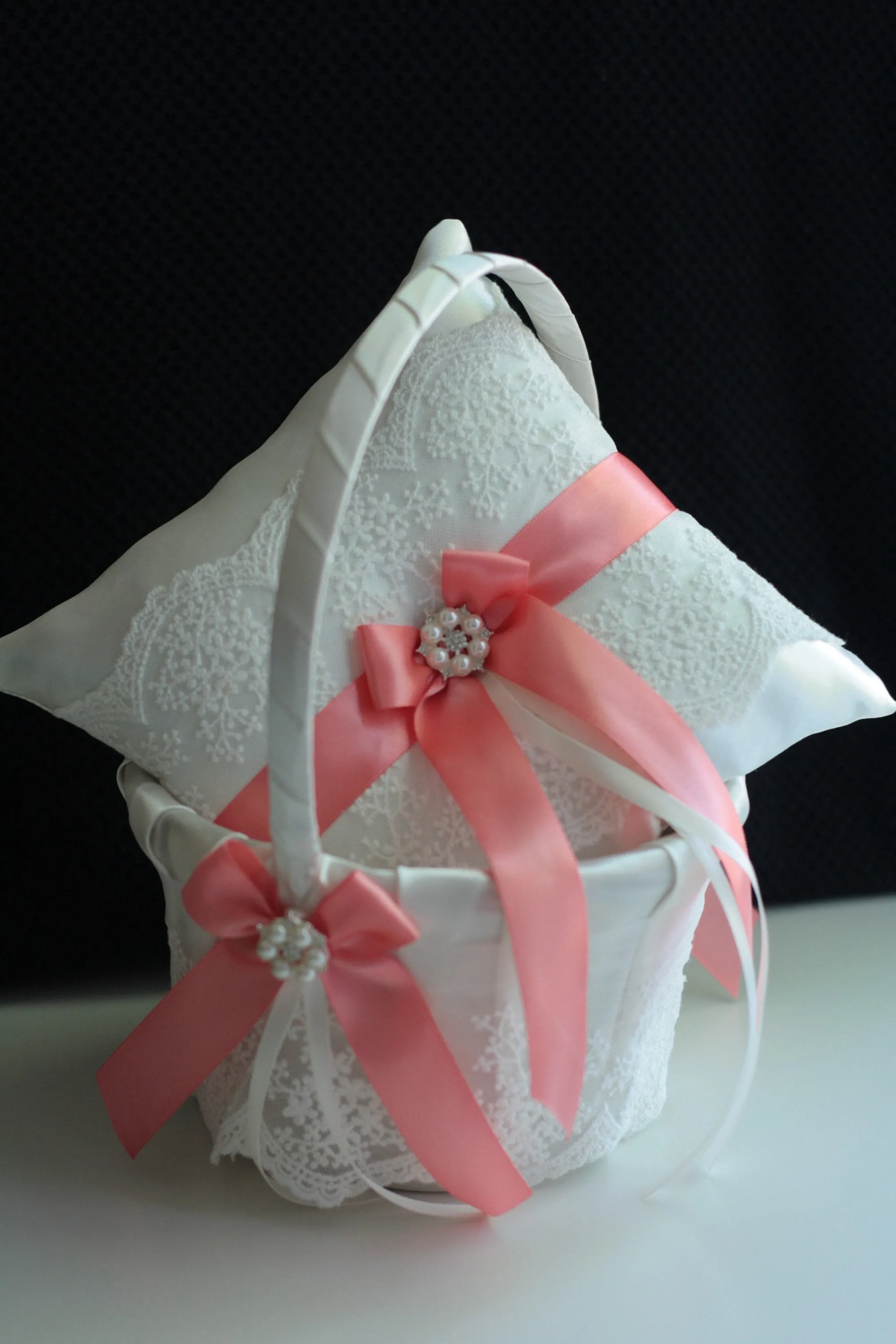 Coral Flower Girl Basket & Ring bearer Pillow Set, Coral Guest Book with Pen, Coral Bridal Garter Set
