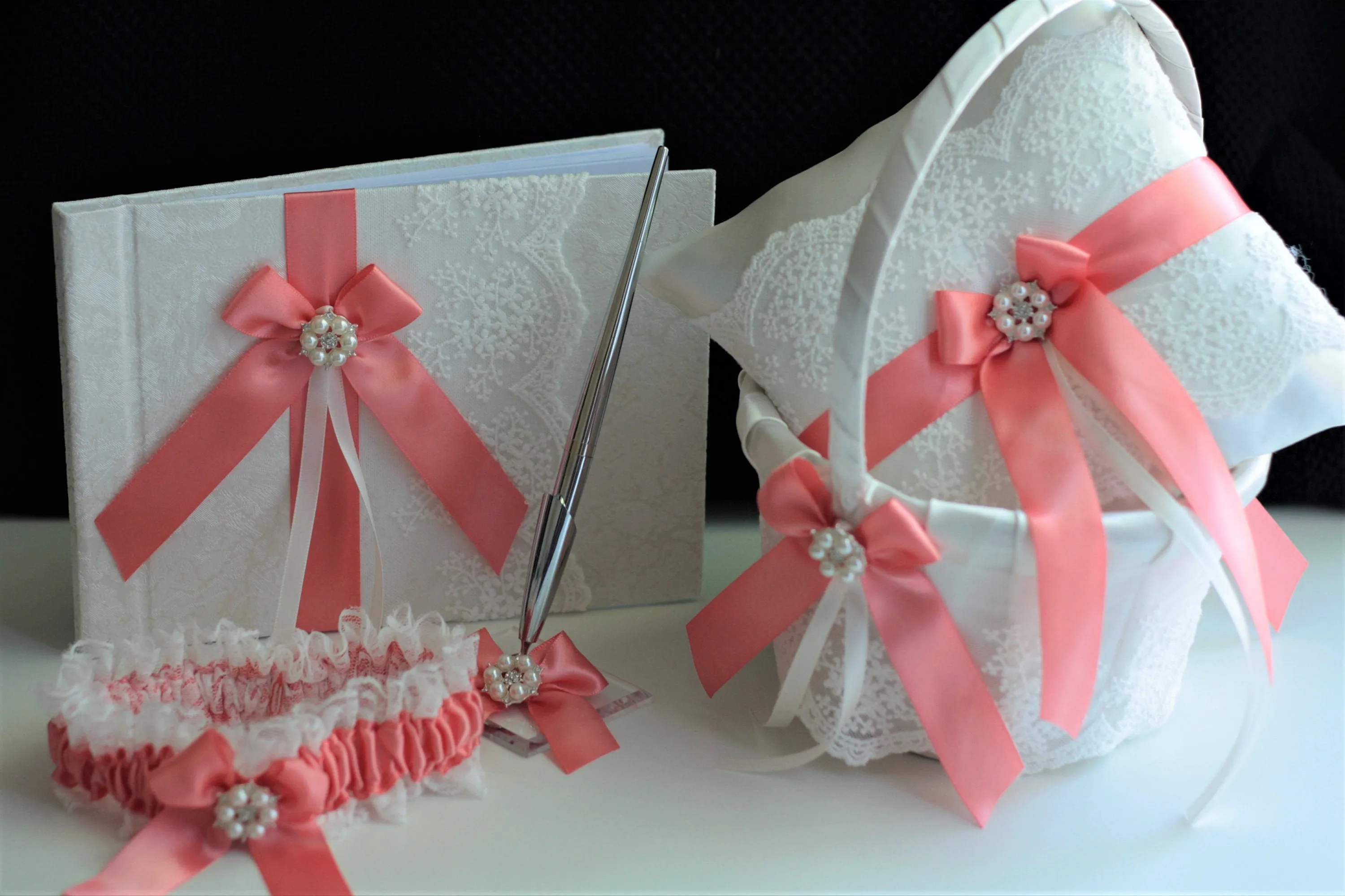 Coral Flower Girl Basket & Ring bearer Pillow Set, Coral Guest Book with Pen, Coral Bridal Garter Set