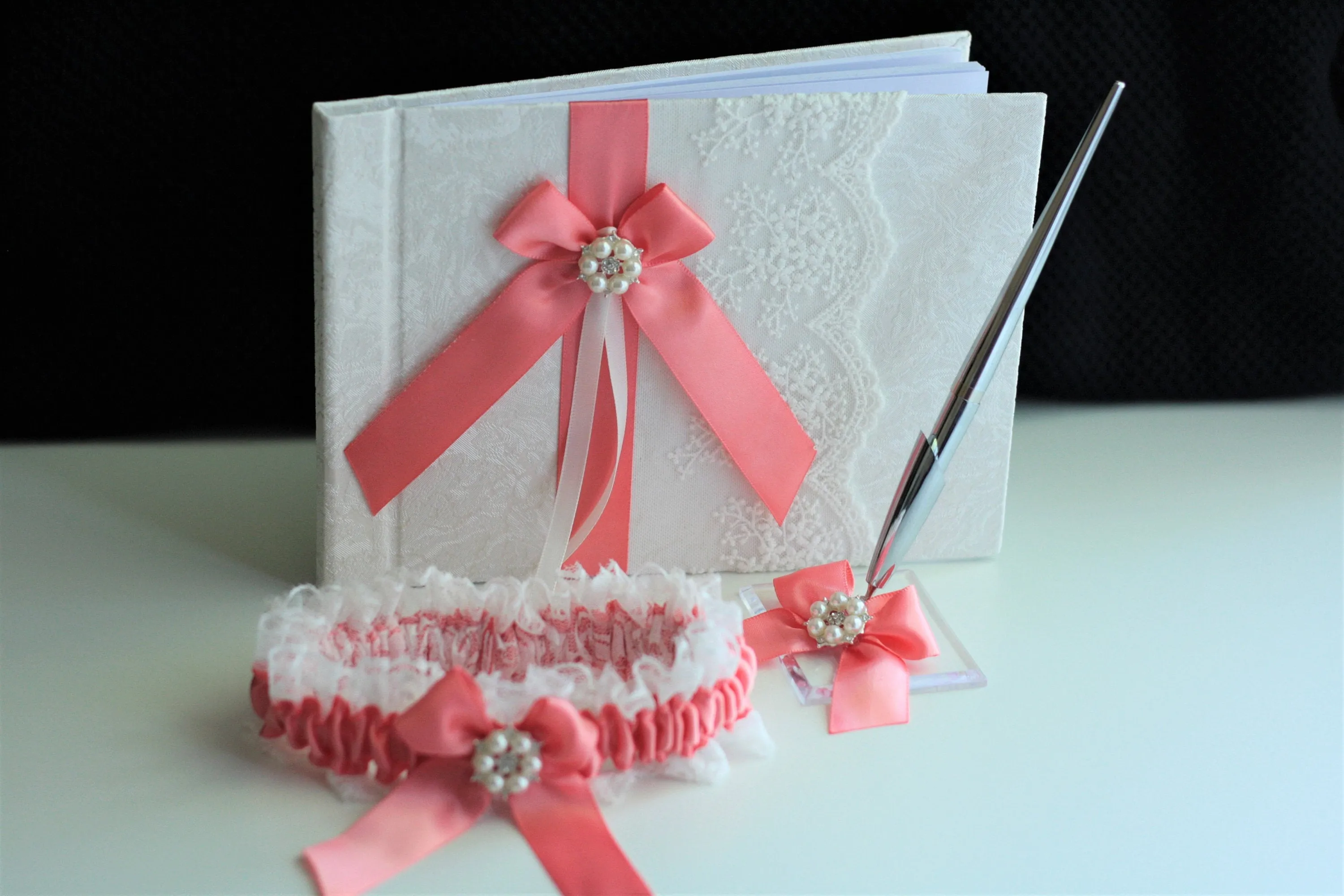 Coral Flower Girl Basket & Ring bearer Pillow Set, Coral Guest Book with Pen, Coral Bridal Garter Set
