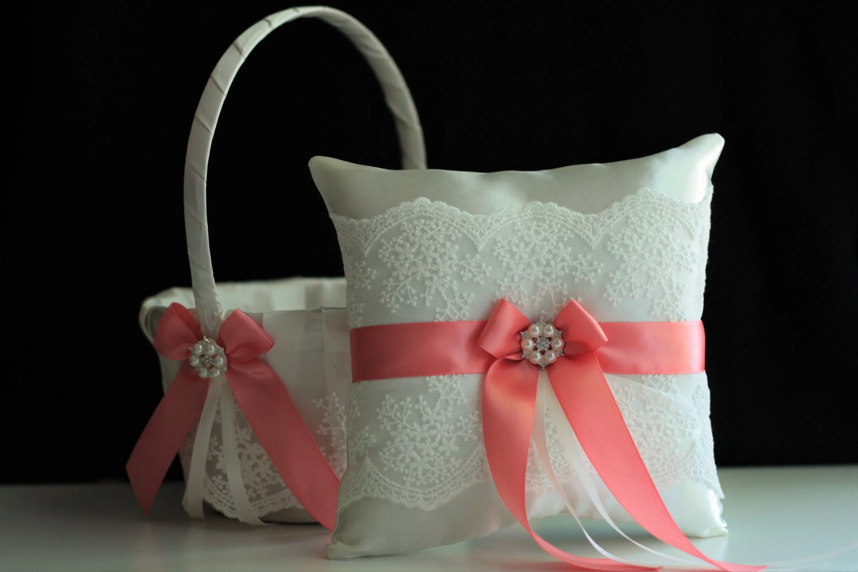 Coral Flower Girl Basket & Ring bearer Pillow Set, Coral Guest Book with Pen, Coral Bridal Garter Set