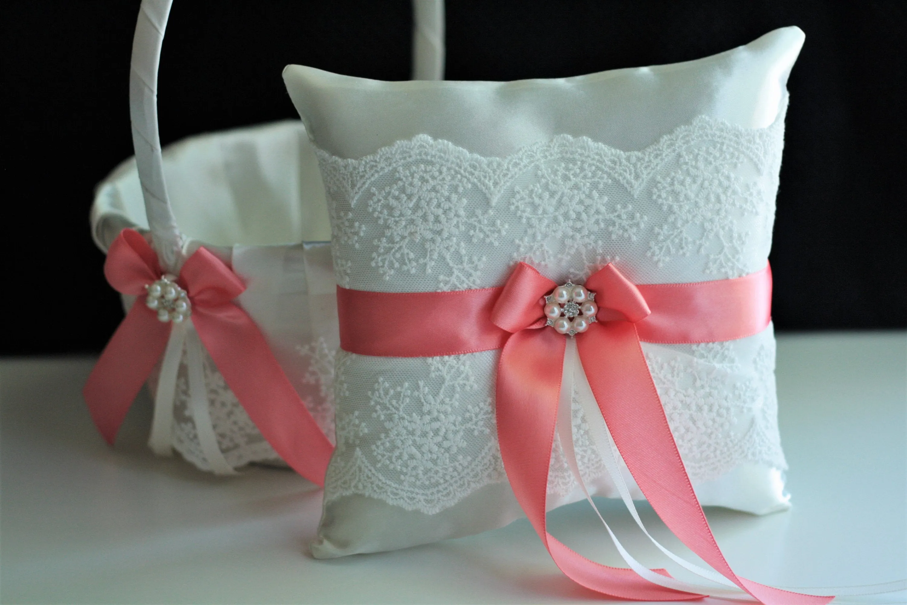 Coral Flower Girl Basket & Ring bearer Pillow Set, Coral Guest Book with Pen, Coral Bridal Garter Set