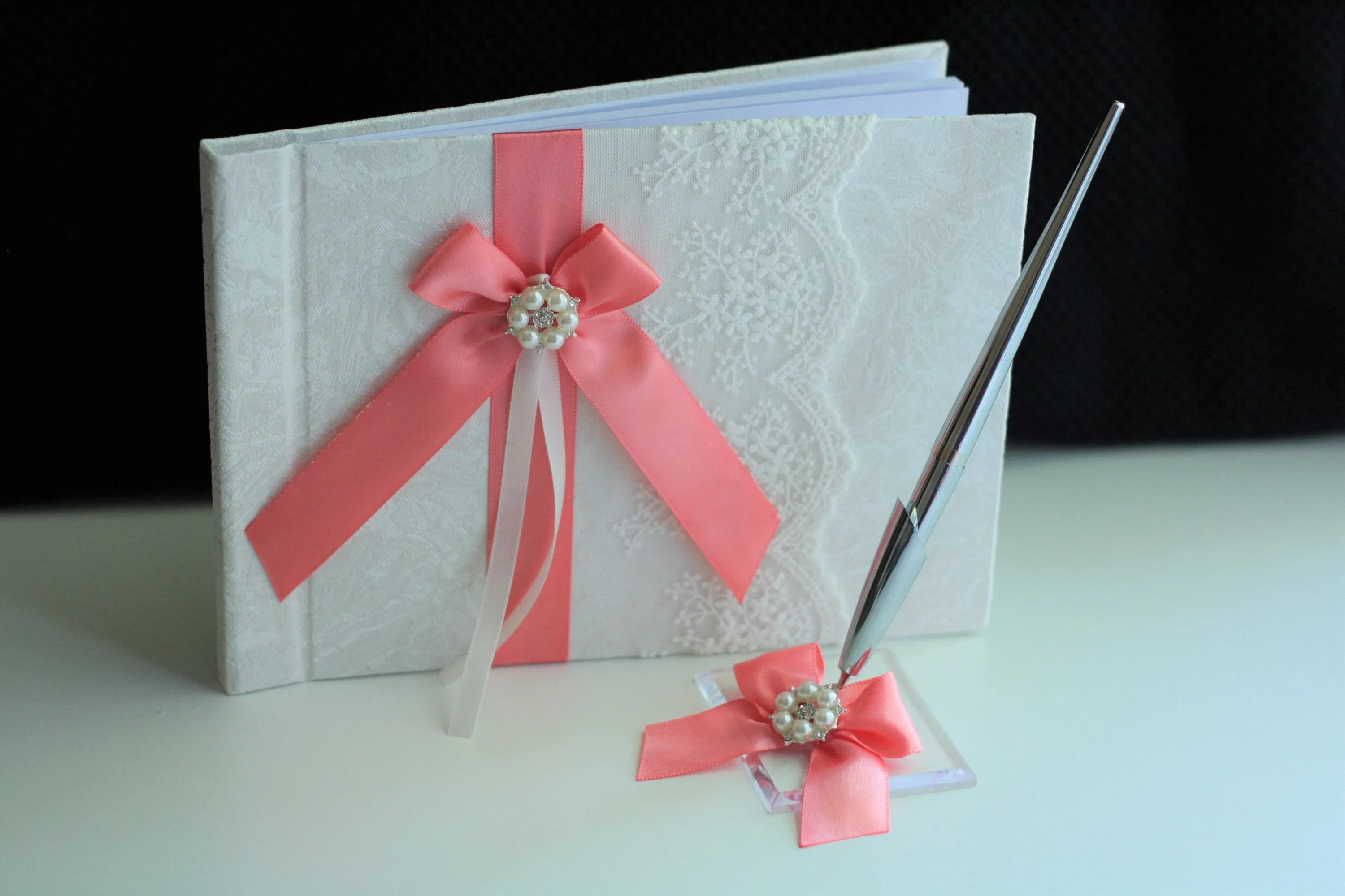 Coral Flower Girl Basket & Ring bearer Pillow Set, Coral Guest Book with Pen, Coral Bridal Garter Set