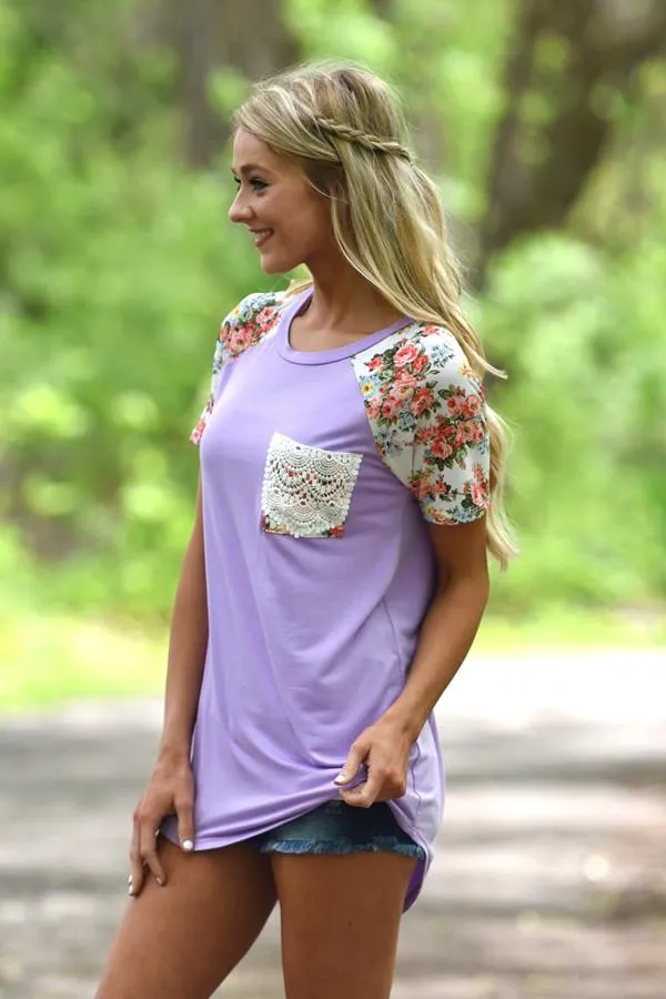 Crochet Pocket Floral Top ~ Purple