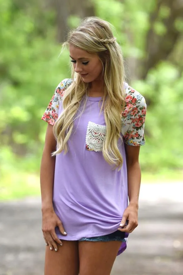 Crochet Pocket Floral Top ~ Purple