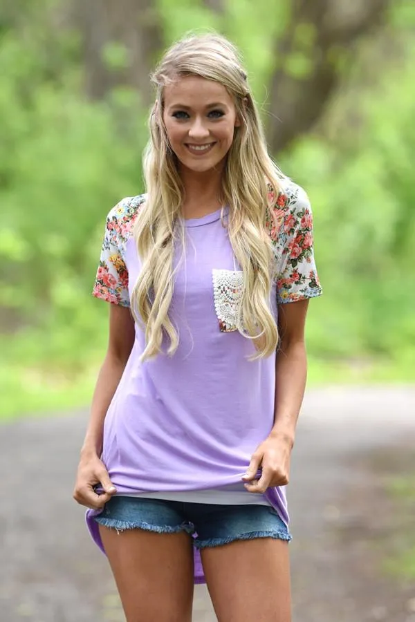 Crochet Pocket Floral Top ~ Purple