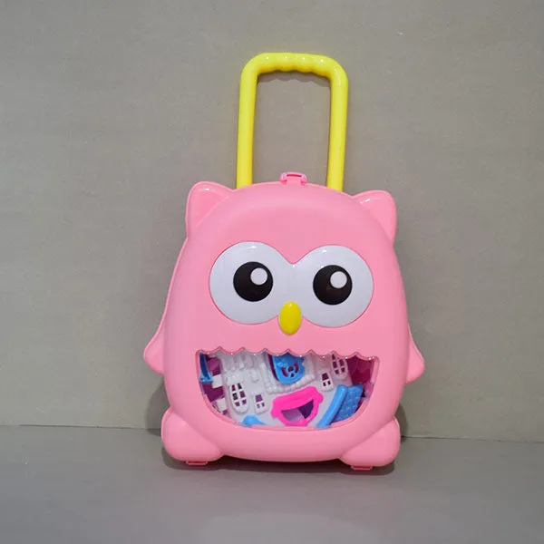 Cute owl shaped Portable Trolly Doll House Set with Pretend Play Accessories for Kids (Pink)