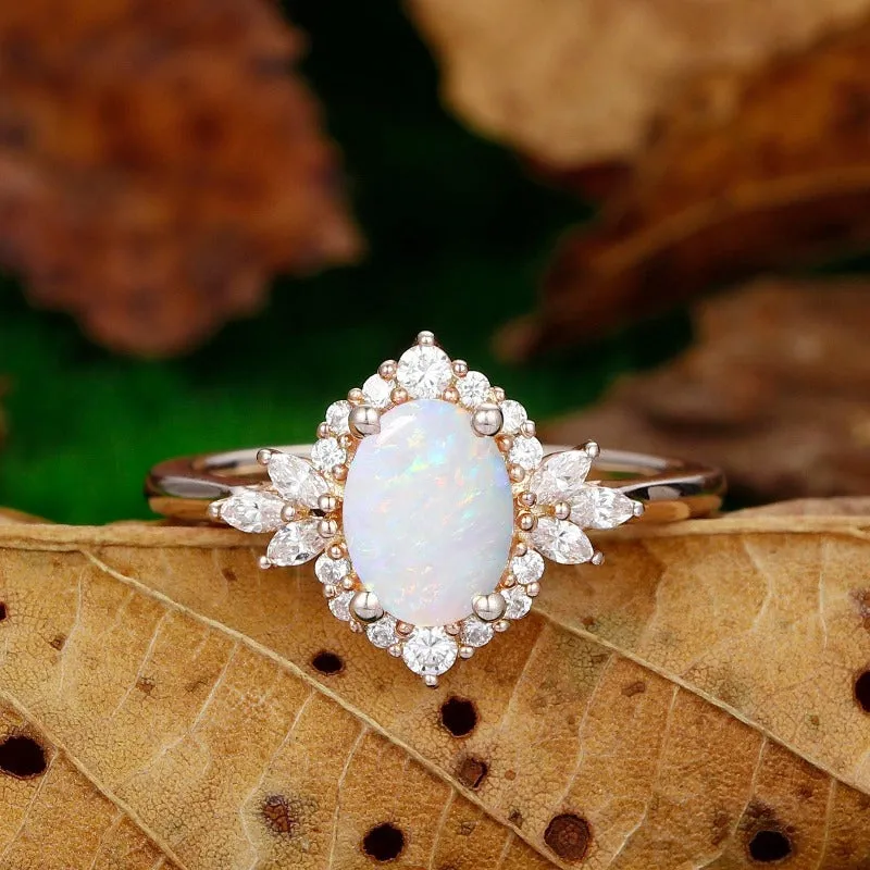 Dainty Oval Cut 1.5CT Opal Engagement Ring Milgrain Halo Moissanite Bridal Anniversary Ring