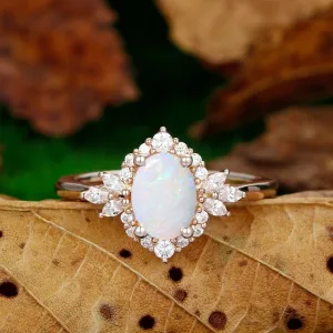 Dainty Oval Cut 1.5CT Opal Engagement Ring Milgrain Halo Moissanite Bridal Anniversary Ring