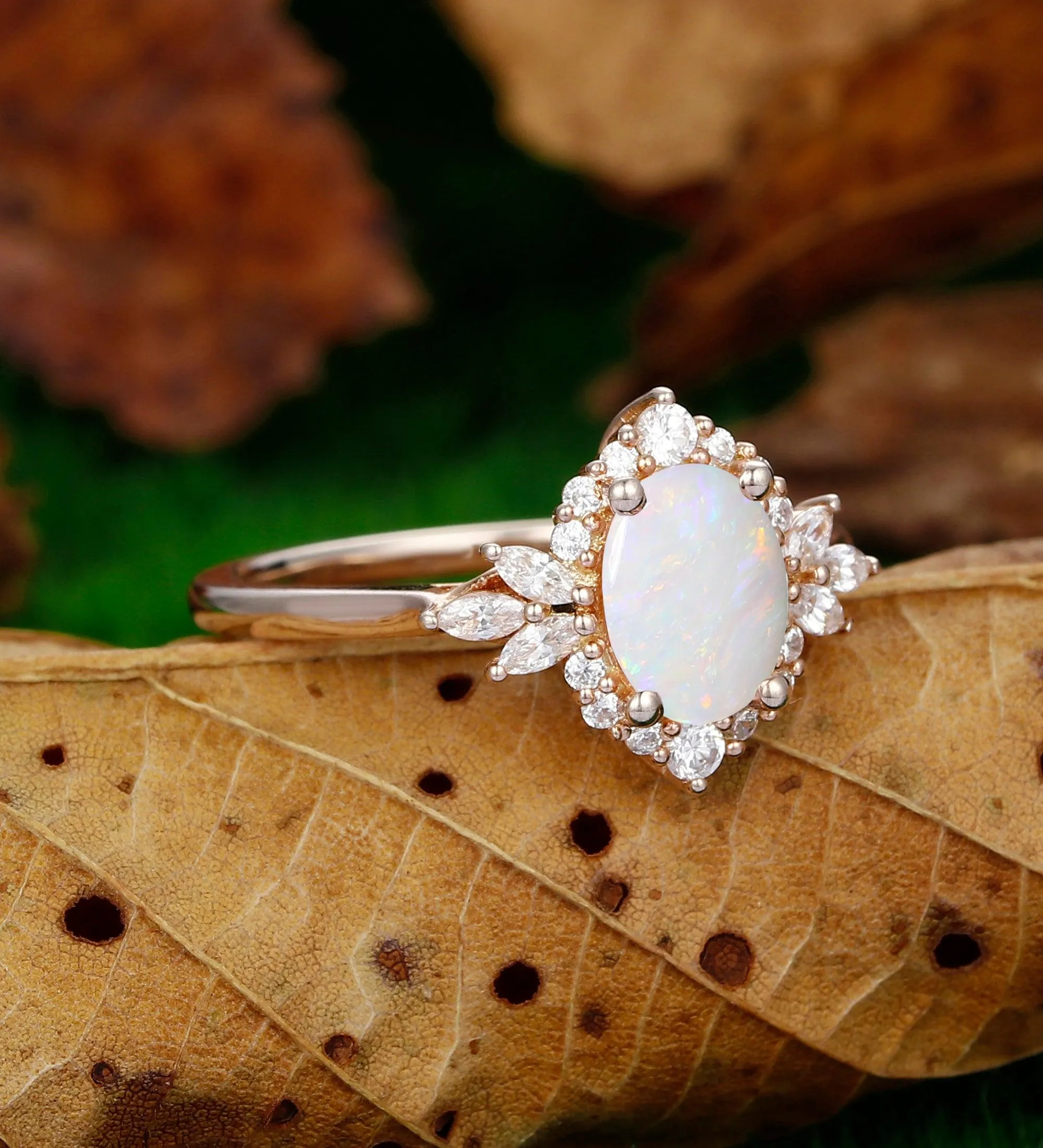 Dainty Oval Cut 1.5CT Opal Engagement Ring Milgrain Halo Moissanite Bridal Anniversary Ring