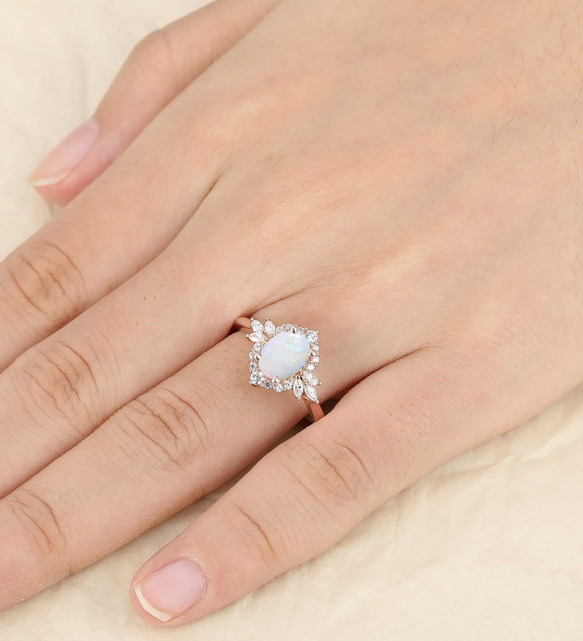 Dainty Oval Cut 1.5CT Opal Engagement Ring Milgrain Halo Moissanite Bridal Anniversary Ring