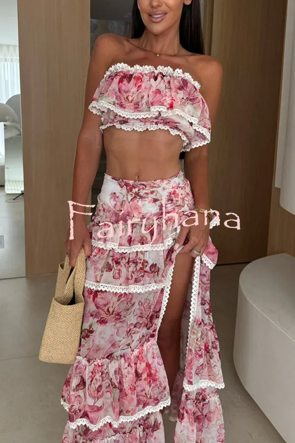 Dakota Floral Lace Trim Crop Tube Top and Layered Slit Maxi Skirt Set