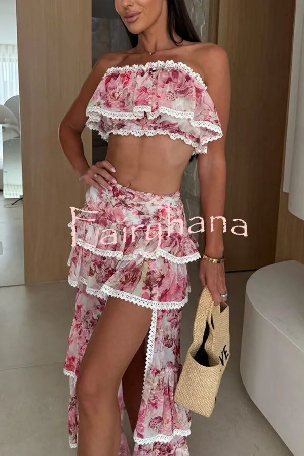 Dakota Floral Lace Trim Crop Tube Top and Layered Slit Maxi Skirt Set