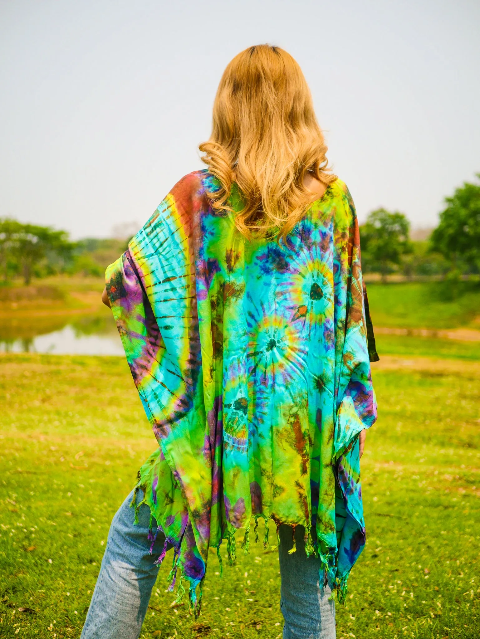 Dancing Colors Poncho Hand Dyed Tunic Kaftan Blouse Oversize Top