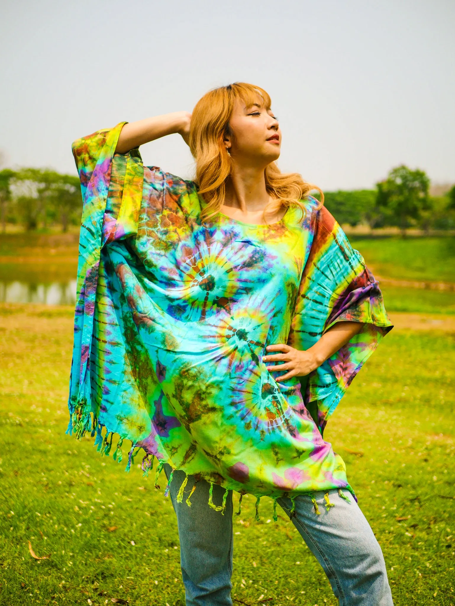 Dancing Colors Poncho Hand Dyed Tunic Kaftan Blouse Oversize Top