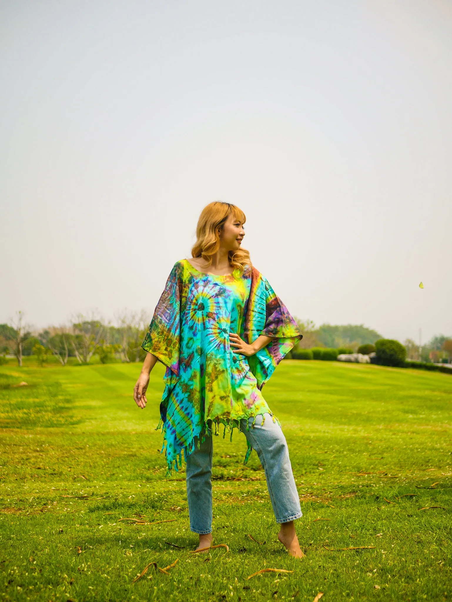 Dancing Colors Poncho Hand Dyed Tunic Kaftan Blouse Oversize Top