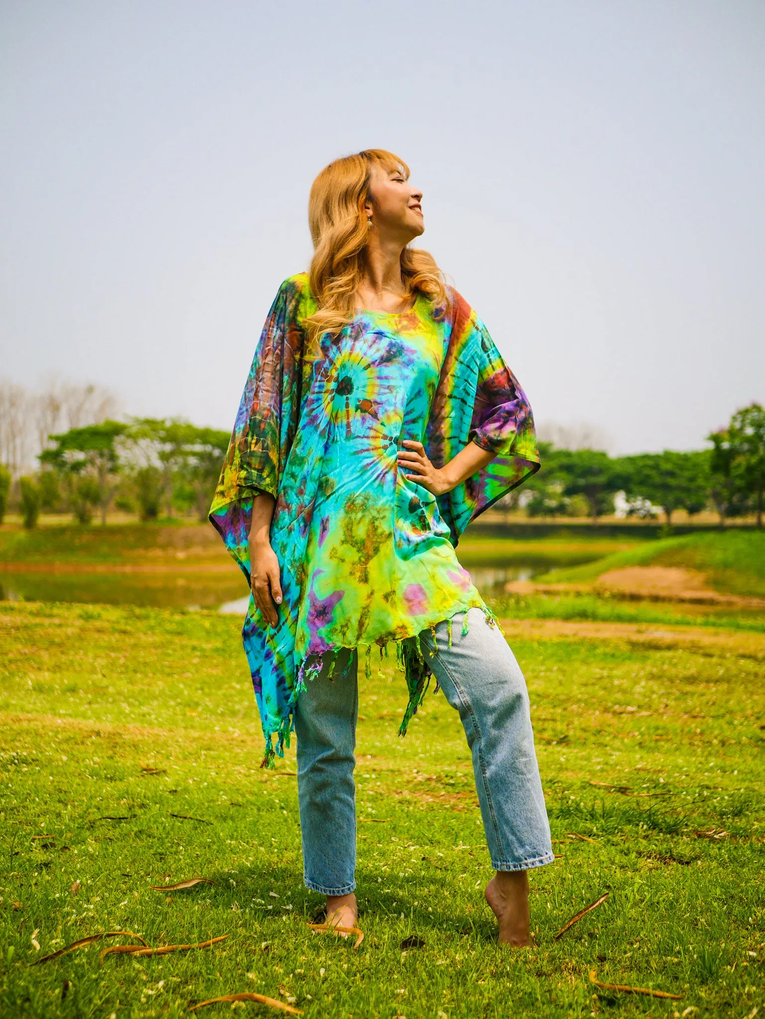 Dancing Colors Poncho Hand Dyed Tunic Kaftan Blouse Oversize Top