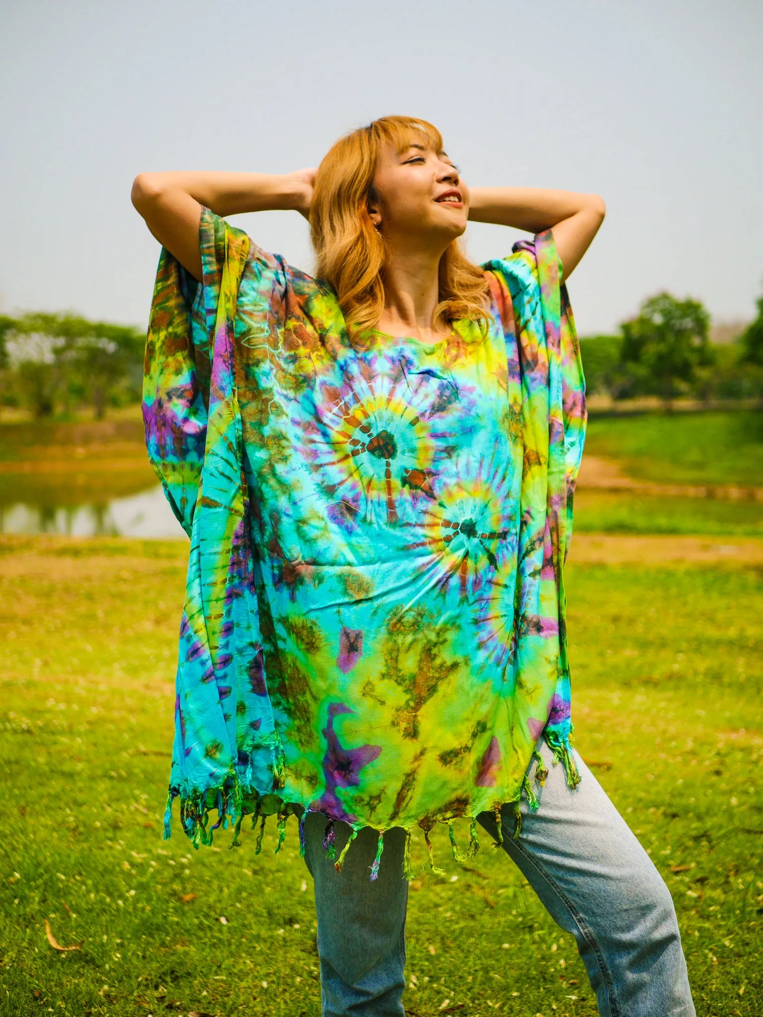Dancing Colors Poncho Hand Dyed Tunic Kaftan Blouse Oversize Top
