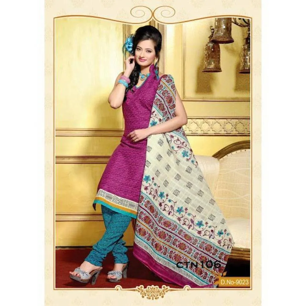 Dark Pink and cyan Cotton Printed Salwar Kameez Dress Material