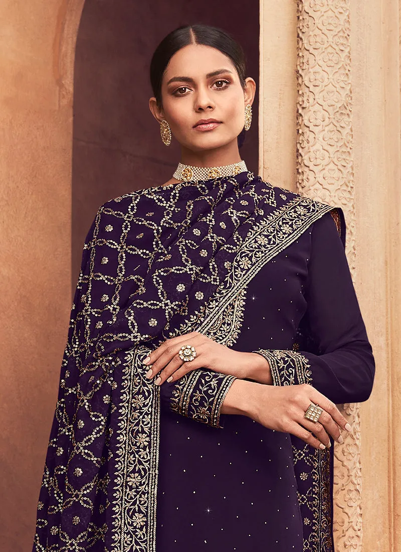 Dark Purple Sequence Embroidery Festive Pant Style Suit