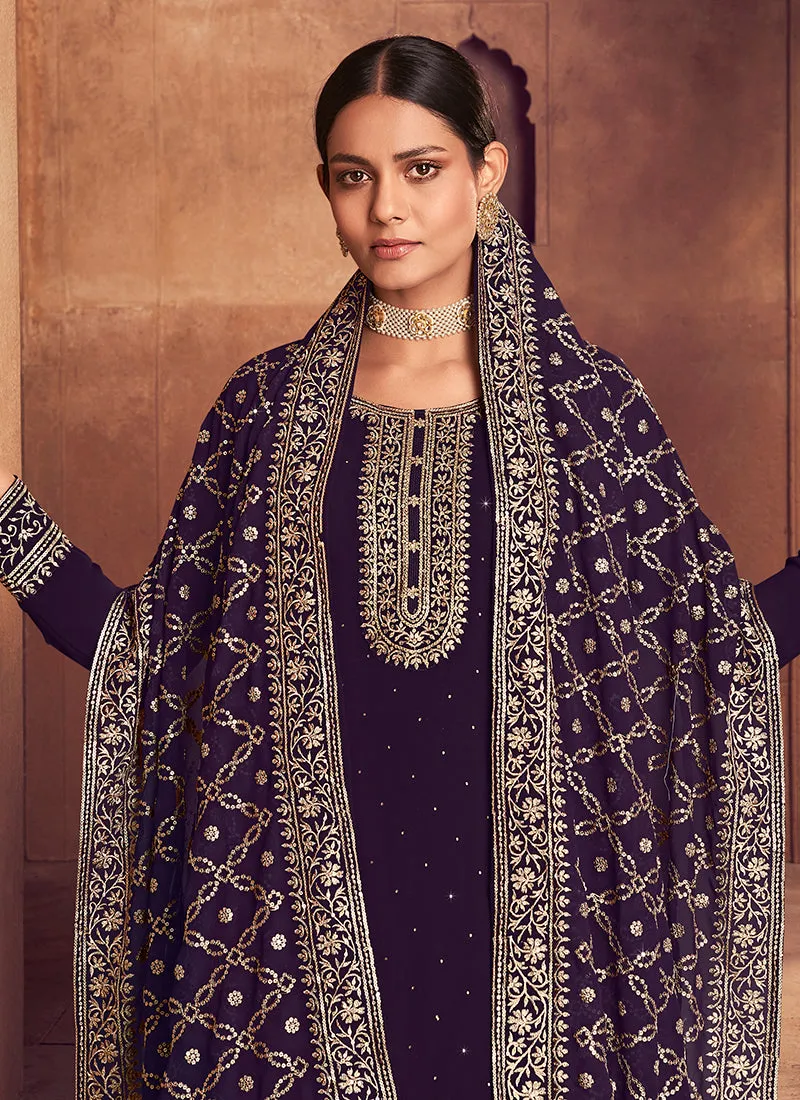 Dark Purple Sequence Embroidery Festive Pant Style Suit