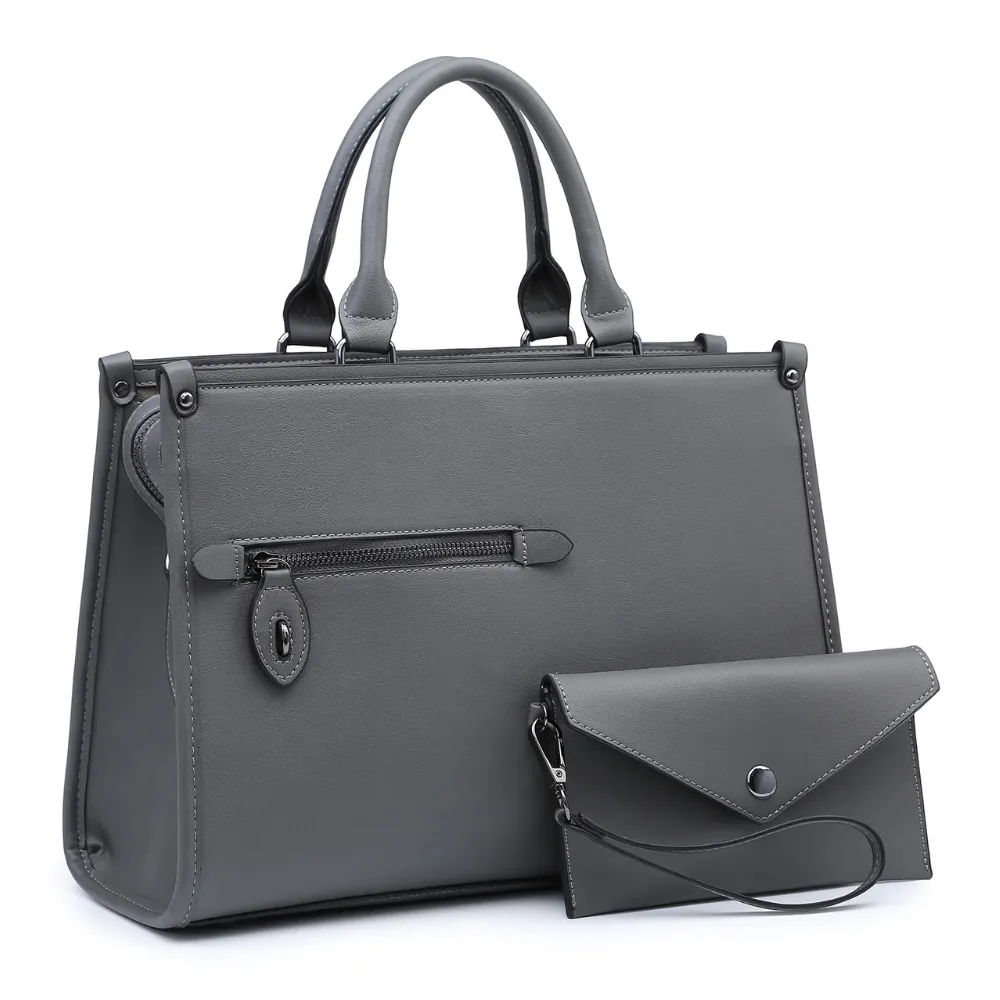 Dasein Faux Leather Briefcase Grey Satchel with Matching Accessory Pouch (Women's)
