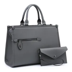 Dasein Faux Leather Briefcase Grey Satchel with Matching Accessory Pouch (Women's)