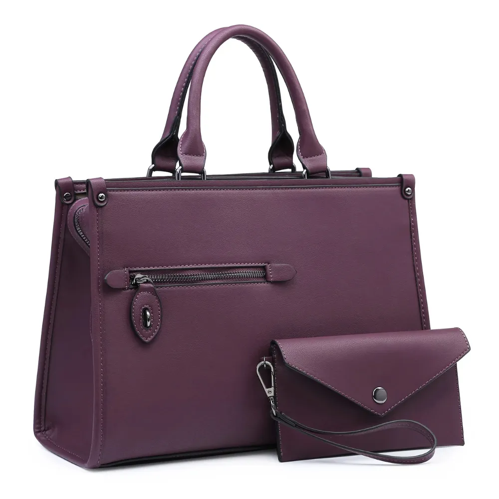Dasein Faux Leather Briefcase Purple Satchel with Matching Accessory Pouch (Women's)