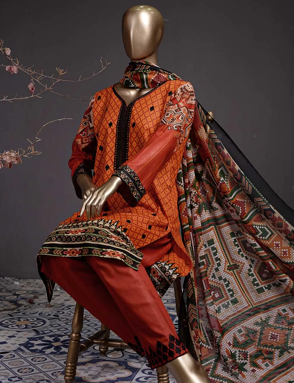 Dazzle (DL-4A) - 3 Pc Un-stitched Embroidered Lawn Dress with Chiffon Dupatta
