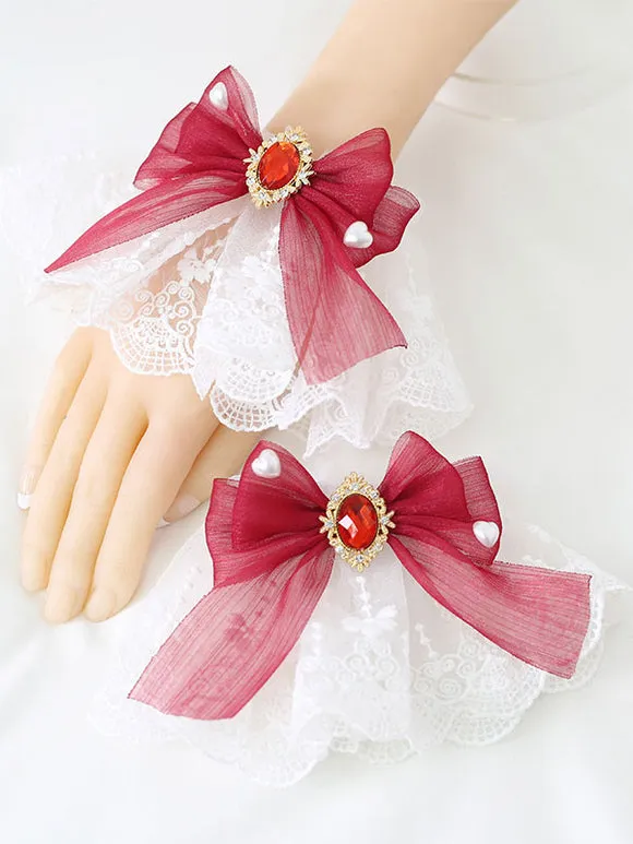 Deep Blue Lolita Bracelet Polyester Accessory Bow Jeweled Lace Bows Lolita Accessories