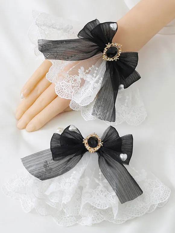 Deep Blue Lolita Bracelet Polyester Accessory Bow Jeweled Lace Bows Lolita Accessories