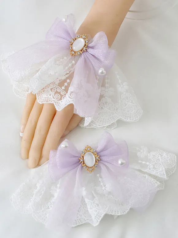 Deep Blue Lolita Bracelet Polyester Accessory Bow Jeweled Lace Bows Lolita Accessories