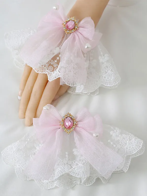 Deep Blue Lolita Bracelet Polyester Accessory Bow Jeweled Lace Bows Lolita Accessories
