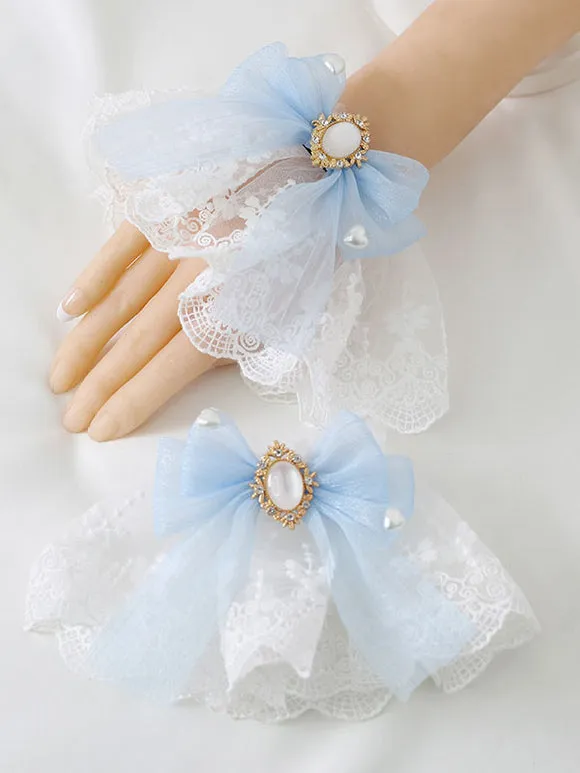 Deep Blue Lolita Bracelet Polyester Accessory Bow Jeweled Lace Bows Lolita Accessories