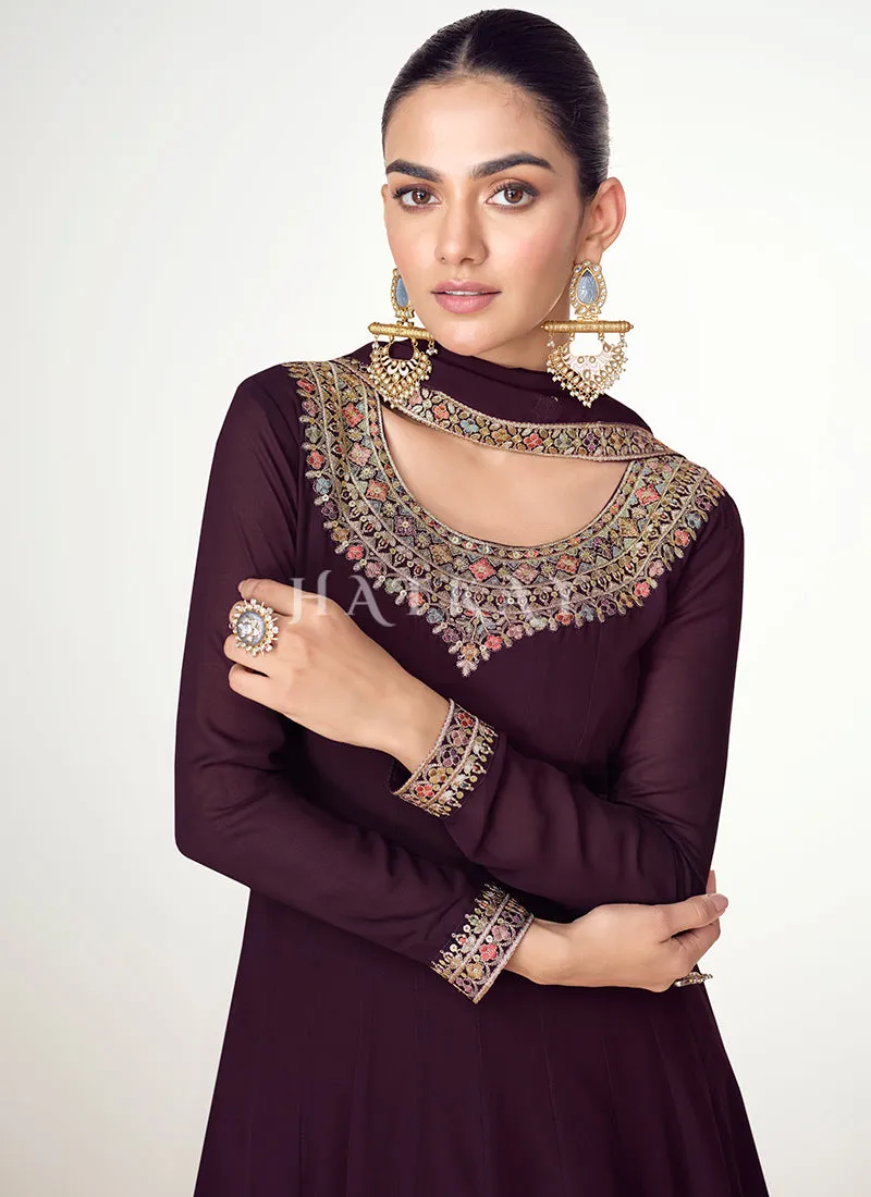 Deep Wine Multi Embroidery Anarkali Dress