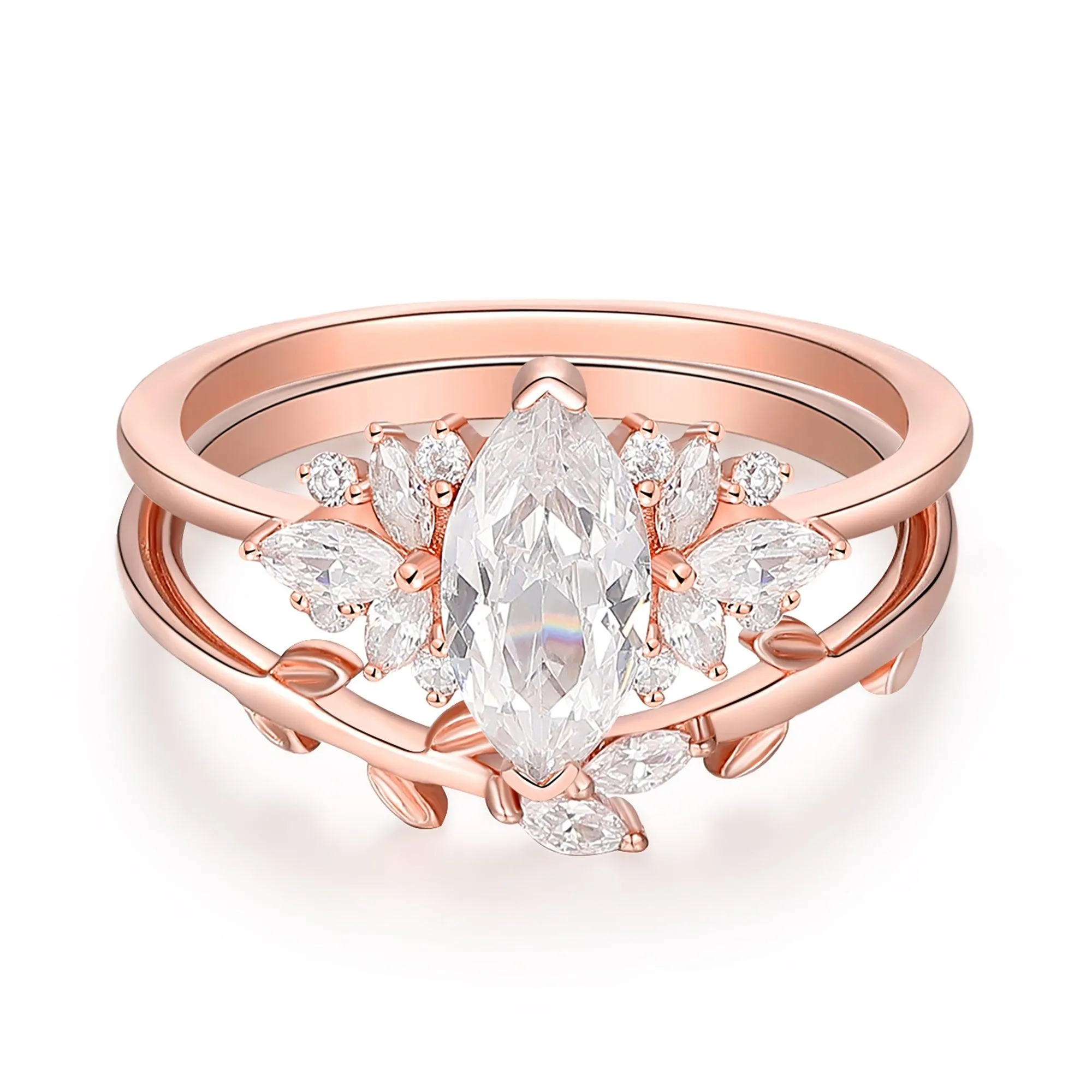 Delicate 1.00 Carat Marquise Cut Leaf Side Stone Moissanite Bridal Set Gifts For Women