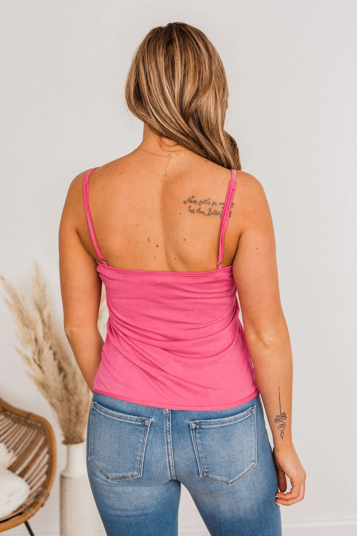 Delicate Dreams Lace Trimmed Henley Tank Top- Hot Pink