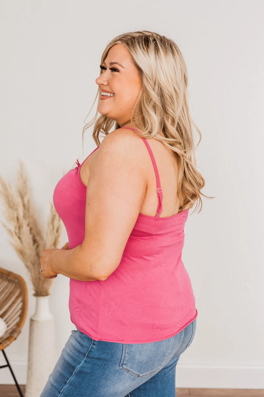 Delicate Dreams Lace Trimmed Henley Tank Top- Hot Pink