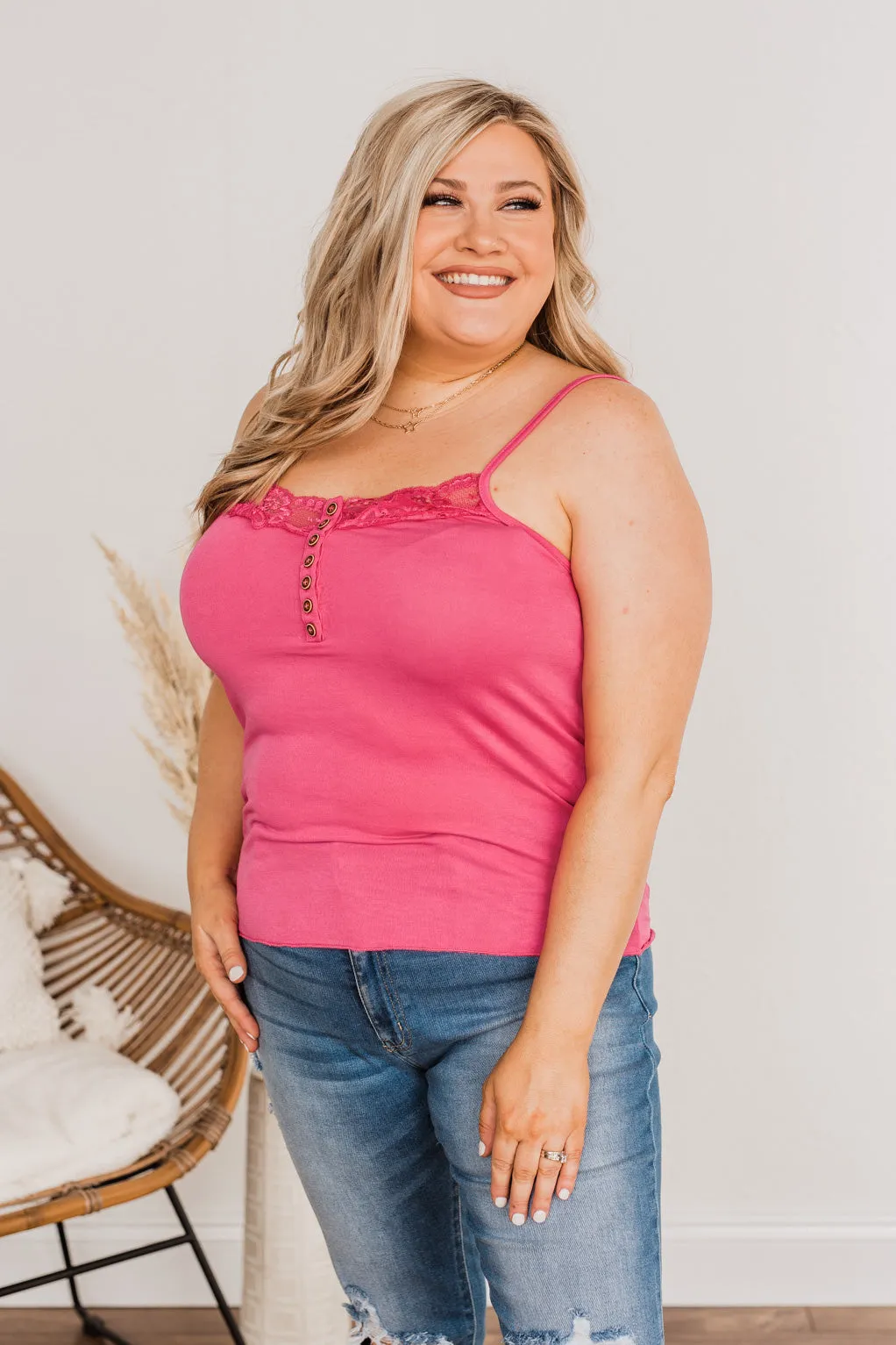 Delicate Dreams Lace Trimmed Henley Tank Top- Hot Pink