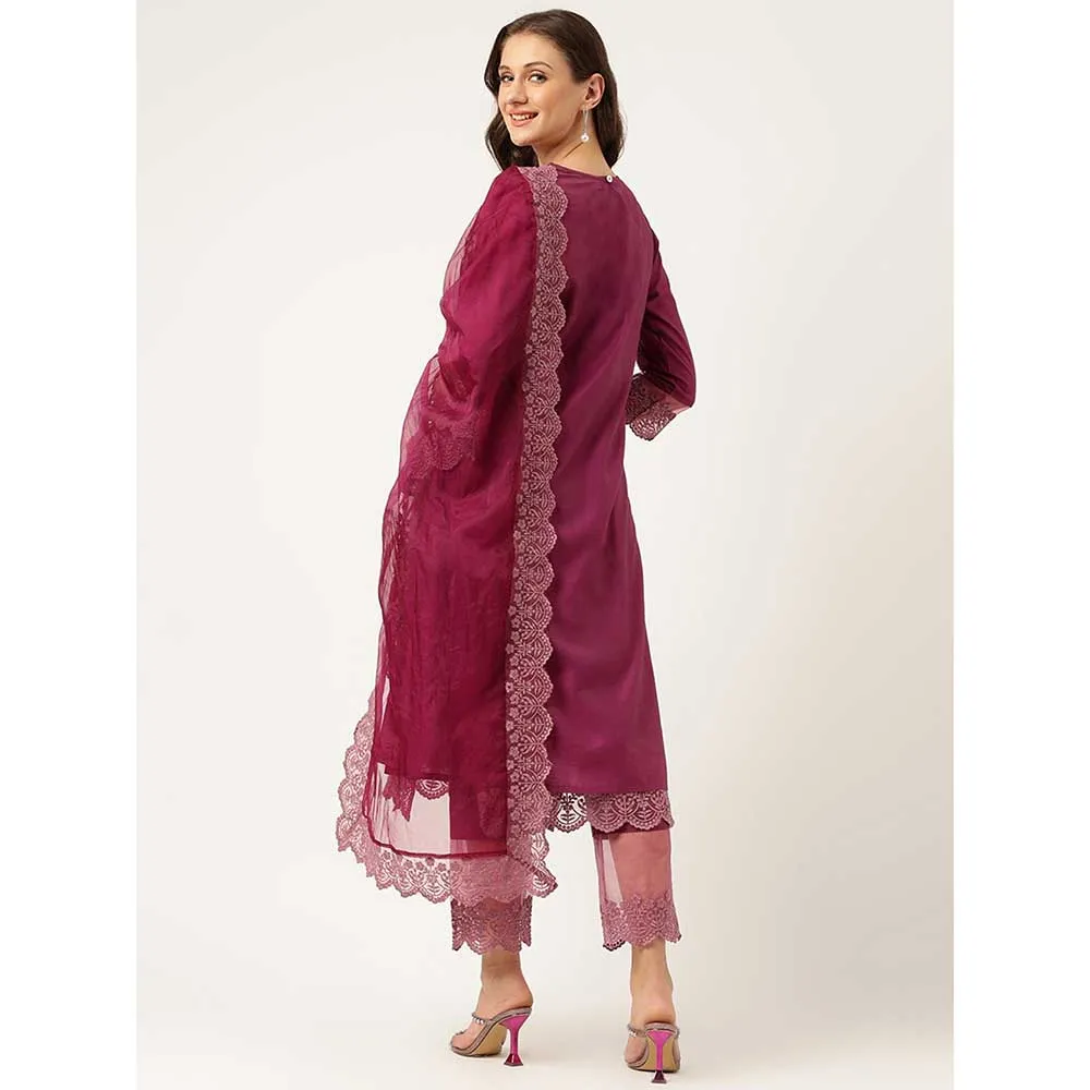 Divena Chanderi Kurta, Trouser With Inner And Dupatta- Wine (Set of 4)