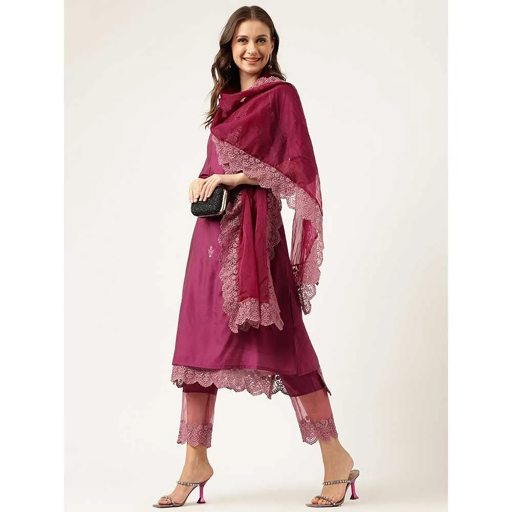 Divena Chanderi Kurta, Trouser With Inner And Dupatta- Wine (Set of 4)