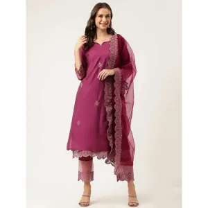 Divena Chanderi Kurta, Trouser With Inner And Dupatta- Wine (Set of 4)